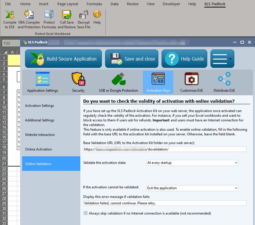 Feuille de calcul Excel : Paramètres de validation en ligne